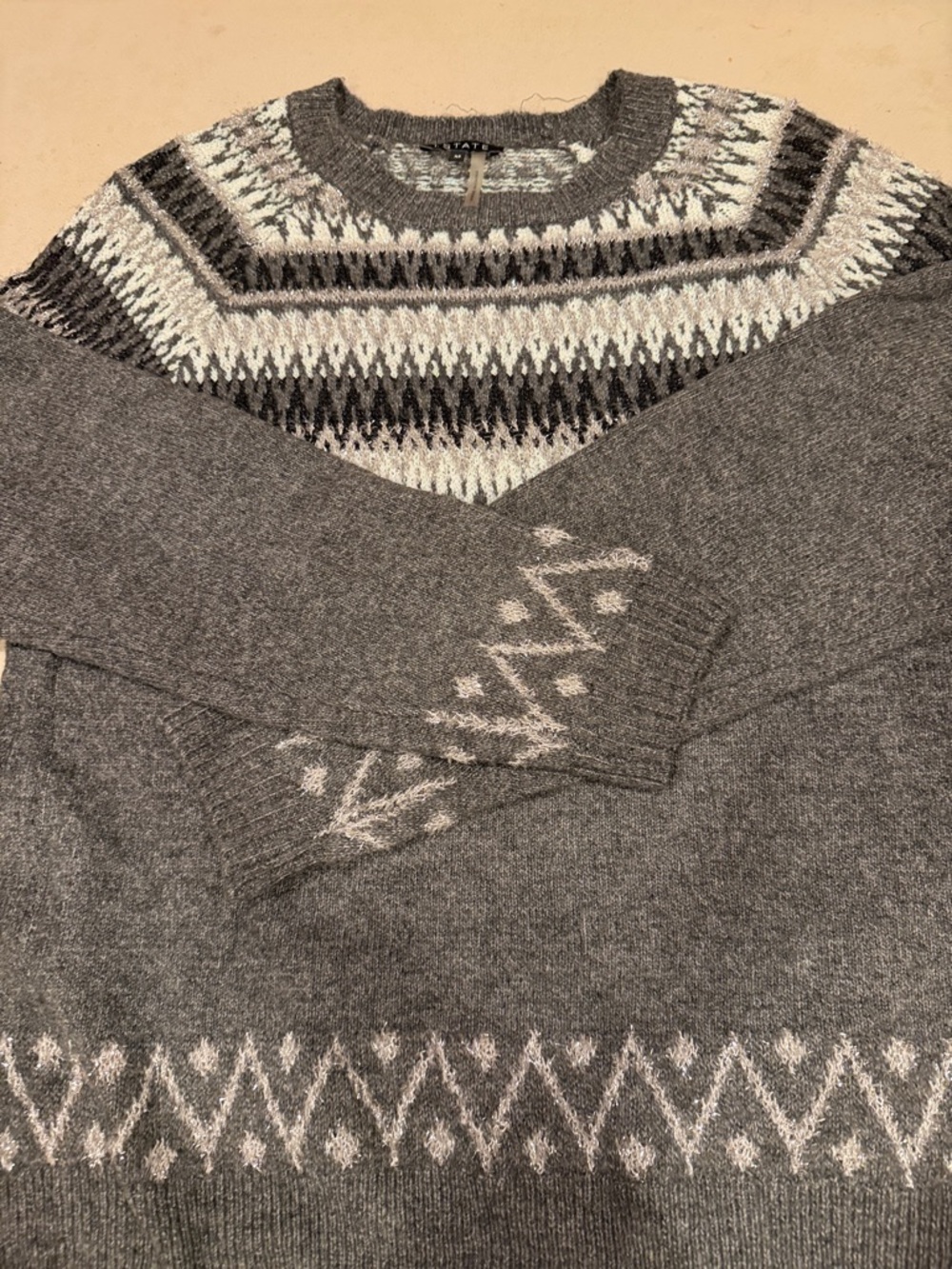 1. State Gray and White Fair Isle Knit Sweater
